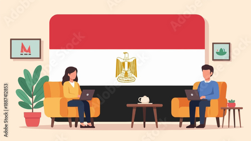 People working on laptops with Egyptian flag and decor