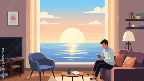 Person reading by a large window overlooking a peaceful ocean sunset