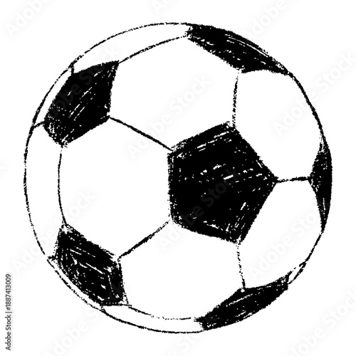 Hand drawn soccer ball with simple black outline only. Chalk textured naive style with sketchy imperfect lines. Playful scrapbook vector illustration isolated for kids projects and sports design.