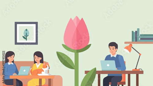 People working and relaxing indoors with a large pink flower