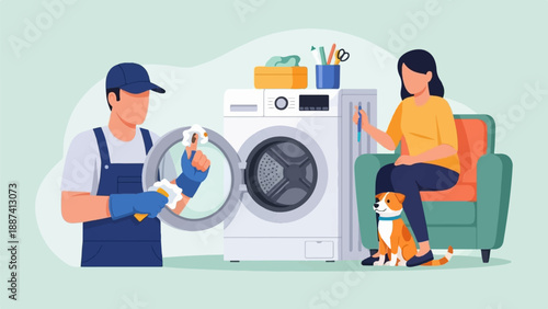 Person cleaning washing machine with soapy cloth, woman and dog relaxing