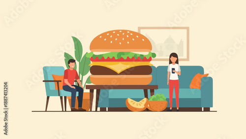 People near a giant burger in a living room