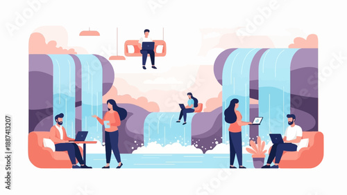 People working remotely beside a scenic waterfall with modern decor