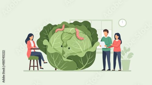 People near giant cabbage with worms; woman at table
