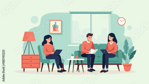 People working on laptops and reading in a cozy room