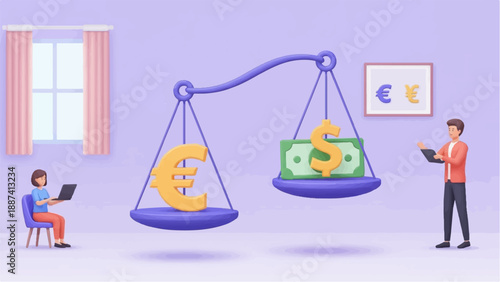 People observe a balance scale comparing euro and dollar currency values