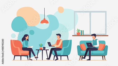 People working on laptops and reading in a modern, minimalist living room