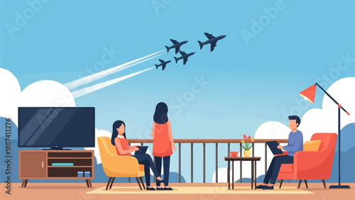 People on balcony watching formation of jets fly overhead