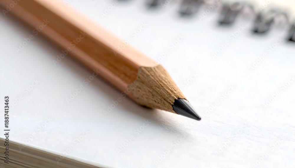 Obraz premium Sharp pencil rests on an open, spiral-bound notepad. Close-up composition