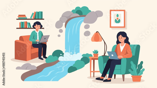 People working remotely by a serene indoor waterfall scene