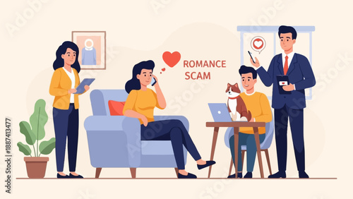 People on phone, laptop, and tablet interact in a room with a pet and artwork