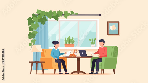 People working on laptops and reading papers at home