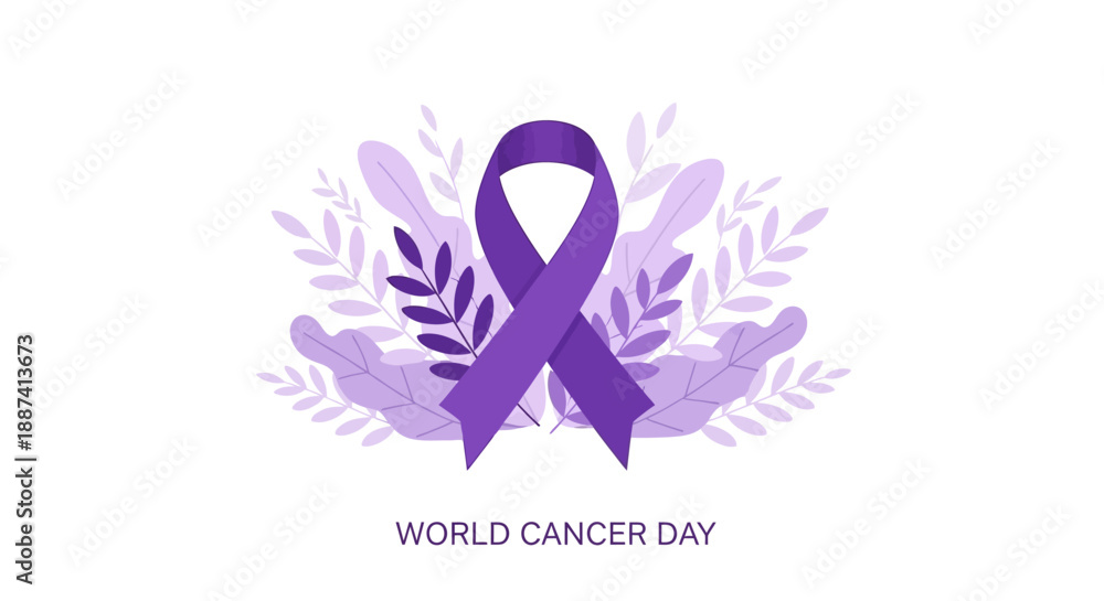 Fototapeta premium Purple Ribbon for World Cancer Day with Leaves