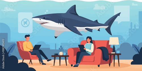 People working on laptops at home while a shark swims above
