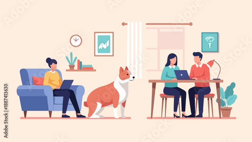 People working on laptops at home with a dog nearby