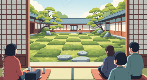 People observe a serene Japanese garden from an interior room