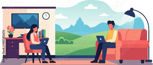 People working on laptops at home with a scenic mountain view outside