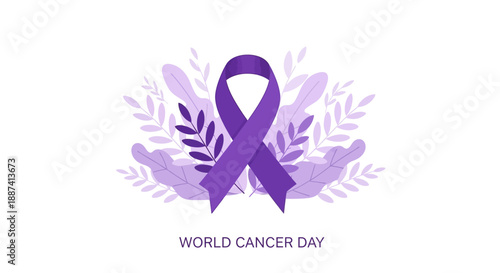 Purple Ribbon for World Cancer Day with Leaves