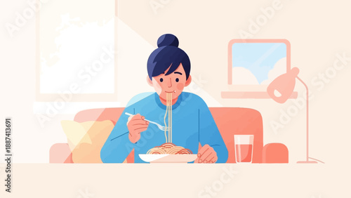 Person eating noodles on couch with lamp and laptop nearby
