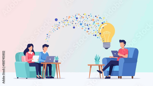 People working remotely, connecting ideas towards a bright bulb