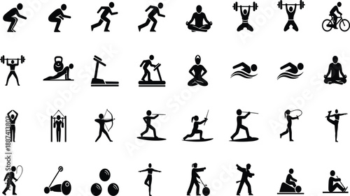 Black silhouette icons of fitness, exercise, yoga, swimming, weightlifting, martial arts, meditation, stretching, running, cycling, dancing, gym, wellness, sports activities