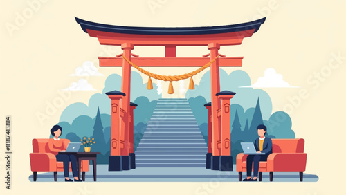 People working on laptops beside a traditional Japanese gate with stairs