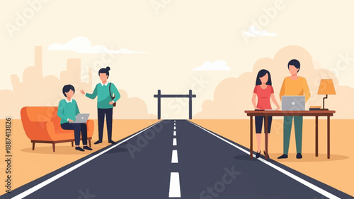 People working on laptops by a road with a distant city skyline