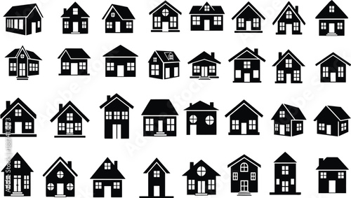 Black silhouette icons of diverse residential houses, modern and traditional architecture, isolated vector symbols for urban, suburban, rural design concepts