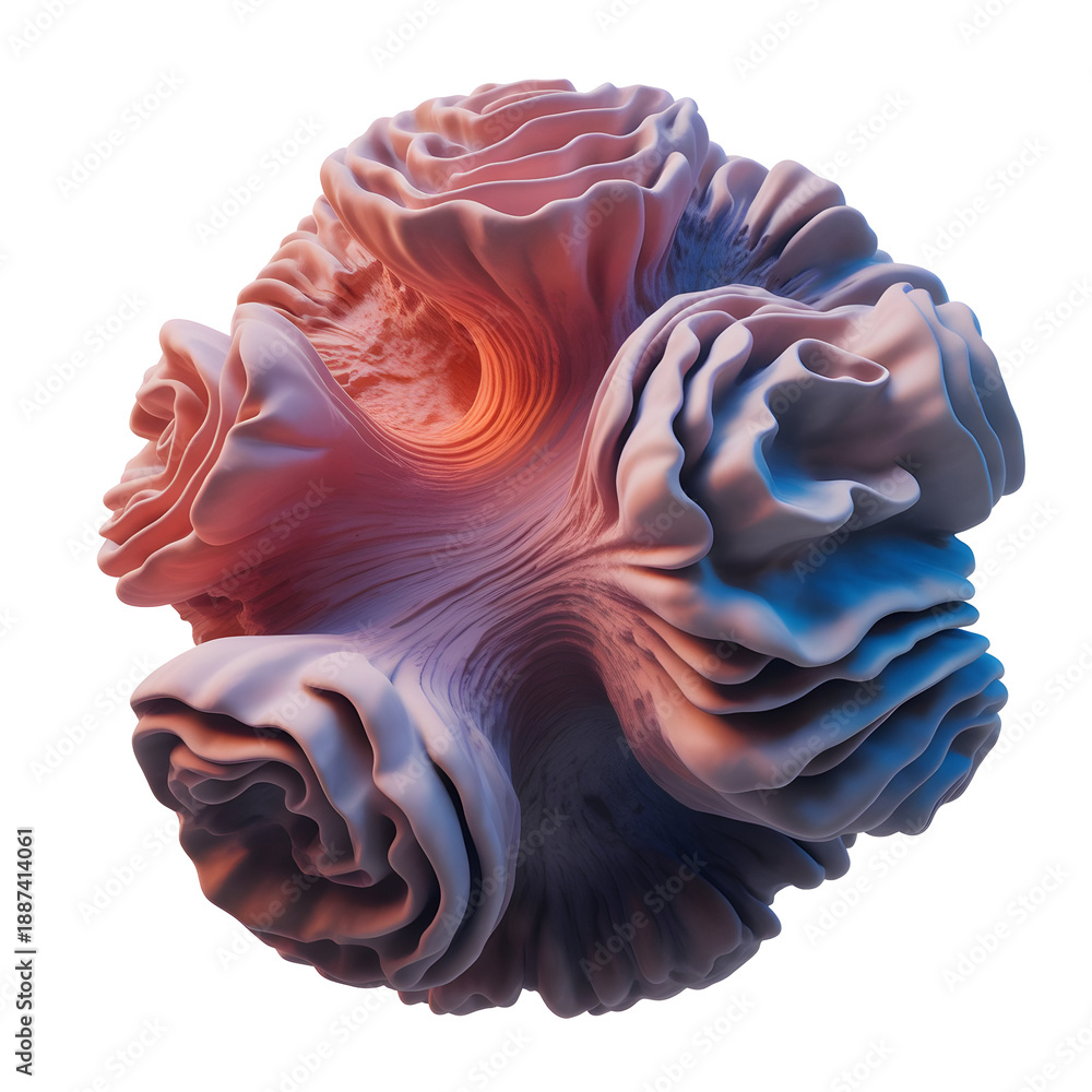 Obraz premium Abstract organic alien-like sphere with flowing textures and vibrant coral and blue lighting, 3D render isolated