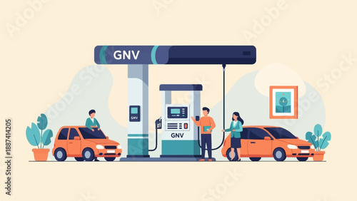 People refuel orange cars at a GNV station with modern minimalist design