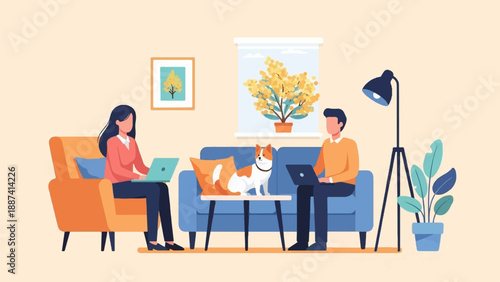 People working on laptops in a cozy living room with a dog