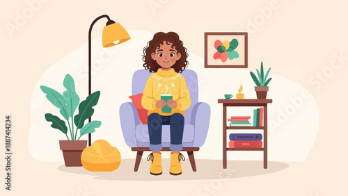 Person in a cozy chair, enjoying a drink and a book