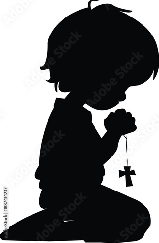 Silhouette of a child kneeling and praying with rosary beads, symbolizing faith and spirituality