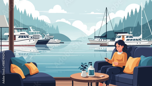 Person relaxing indoors with a view of boats on calm water