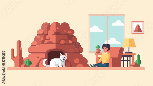 Person relaxing indoors with dog, with desert landscape visible through window