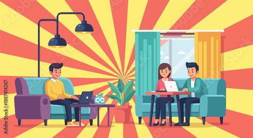 People working remotely in a bright, stylized living room with a sunburst background
