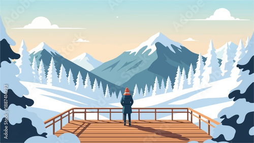 Person on wooden deck overlooks snowy mountains and frosted trees