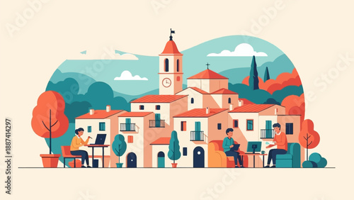 People working remotely in a charming European village with autumnal colors