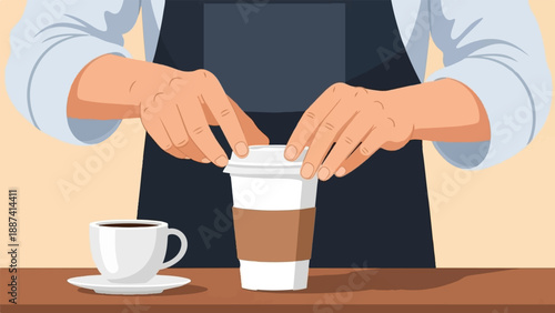 Person in apron prepares hot drink in paper cup and ceramic mug