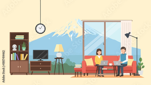 People working remotely in a cozy living room with a mountain view