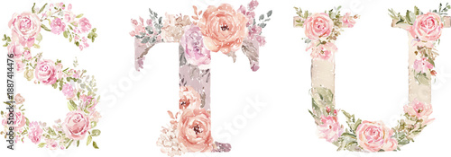 Floral Alphabet Trio: S, T, and U gracefully adorned with intricate floral arrangements, creating a delicate display of elegance and natural beauty.