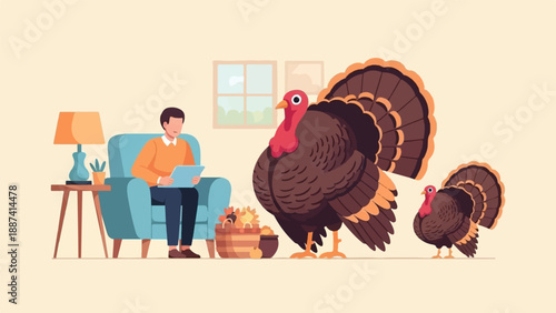 Person in armchair with tablet watches two turkeys in a cozy indoor setting