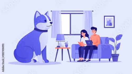 People relax at home with a large dog, laptop, and book