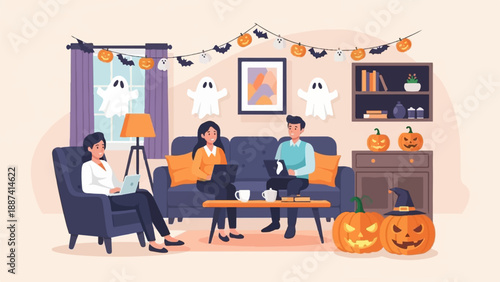 People working on laptops in a cozy room decorated for Halloween