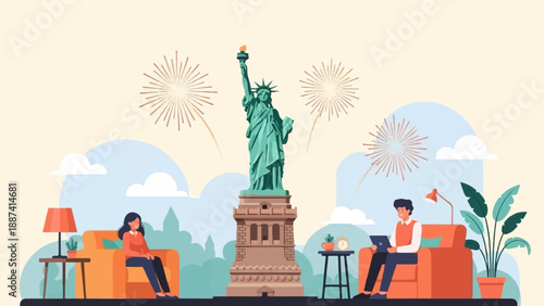 People relax at home with Statue of Liberty and fireworks in background