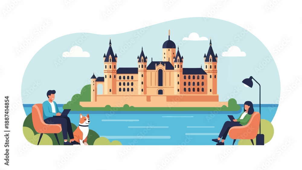 Naklejka premium People relax by lake with castle backdrop