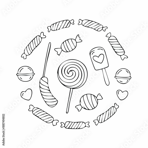 Sweet candies doodle set vector illustration isolated on white background.