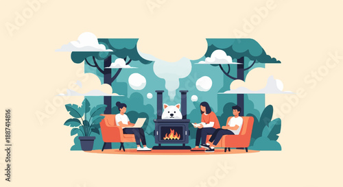 People relax by fireplace with dog and plants in outdoor scene