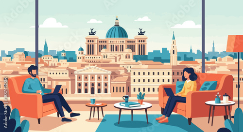 People working on laptops in a cozy room with city view