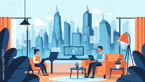 People working remotely in a modern apartment with a city skyline view